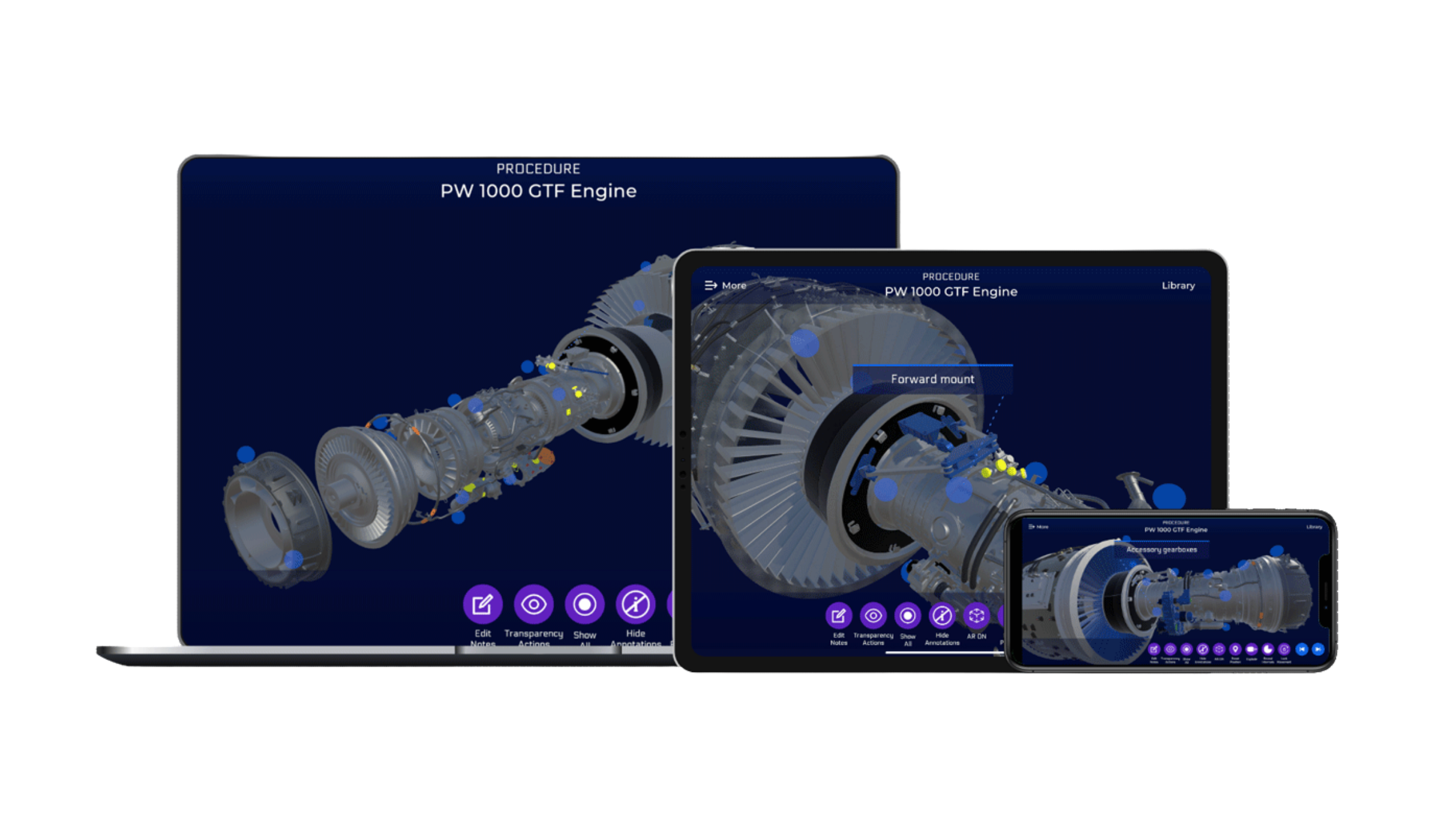 AR Engineering procedure delivery platform shown across laptop, tablet and phone